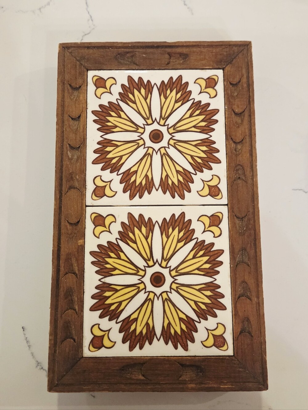Vintage Carved Wood Double Ceramic Tile Trivet Dal-Tile Mexico Sunburst